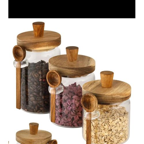 3:1 jars Mulit-purpose Modern Glass Sealed storage Jars with Acacia wood lid and Spoons