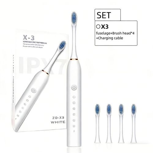 6-Speed Sonic Electric Toothbrush USB Rechargeable with 4 Brush Heads 42000 VPM IPX7 Waterproof 2-Minute Smart Timer White