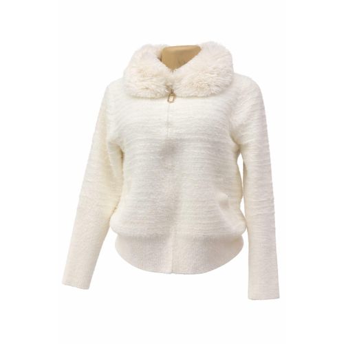 Women's Free Size Ivory Luxe Fur-Collar Knit Sweater