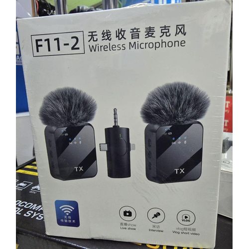 F11-2 Wireless Mic Kit with Dual Lavalier Microphones, Charging Case, and 3-in-1 Compatibility for Creators
