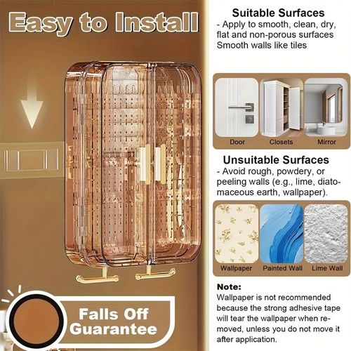 Wall Mounted Jewelry Organizer Cabinet- Foldable Jewelry Hanging Storage Box for Necklaces, Rings, Bracelets（Brown)