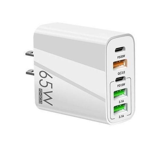 5-Port Smart USB PD QC 30 Super Fast Wall Charger 65W US Plug - White
