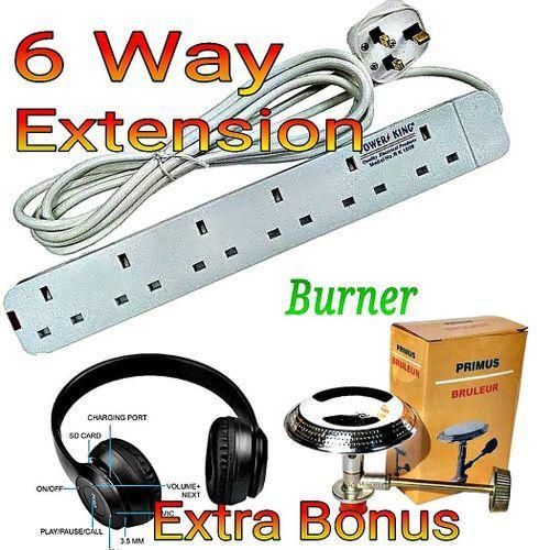 Power King Standard 6 Way Power Extension Socket + BONUS GAS Burner , P47 BT Headphones