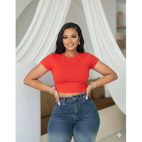 Red Nana Plain Round neck Crop Tank Top Short Sleeve Tops