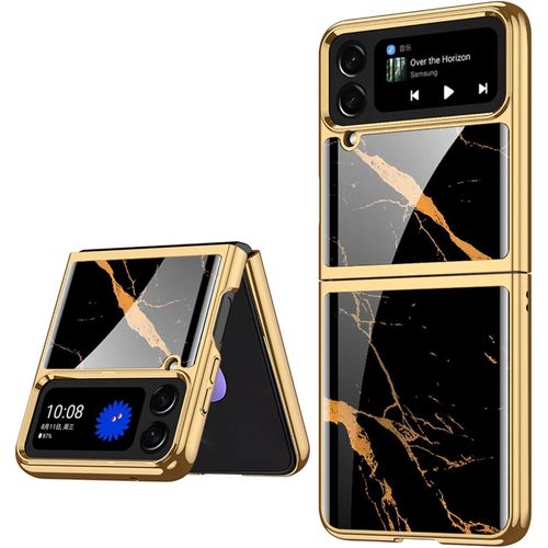 Luxury Black Gold Marble Cover for Galaxy Z Flip 4 – Stylish Shockproof Case with Built-in Display protector & Camera Lens Cover
