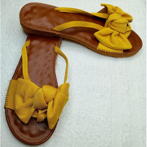 Ladies Mustard Bow Flip-Flop Sandals Fabric Upper Natural Rubber Sole