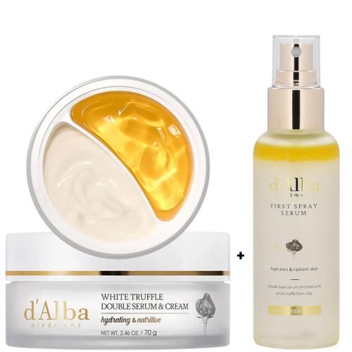 White Truffle Double Serum Cream First Spray Serum Moisturizes Revitalizes Glows Protects strengthen skin barrier brightens soothes firms deeply hydrates and improves elasticity is anti-aging smooths soften make skin young
