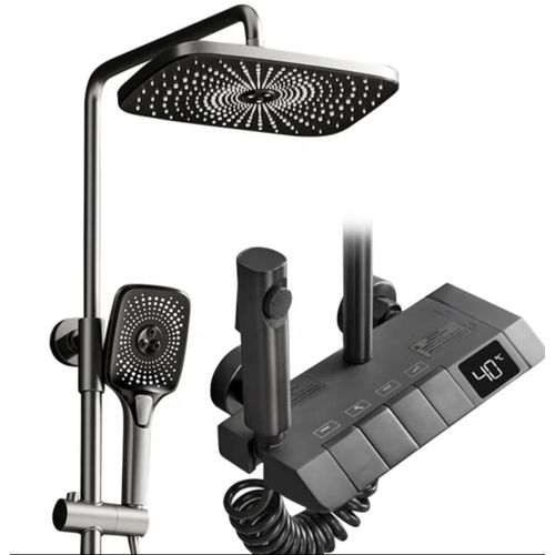 4-way piano key shower system, LED Shower Mixer Set, Digital Smart Brass Bathtub Rainfall with digital temperature display and push-button mode switches, For Solar heated Water