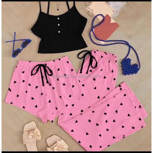 3 Piece Womens Pajama Set Soft Cotton Sleepwear Black Crop Top Pink Heart Print Shorts Pants Comfortable Loungewear Night Set