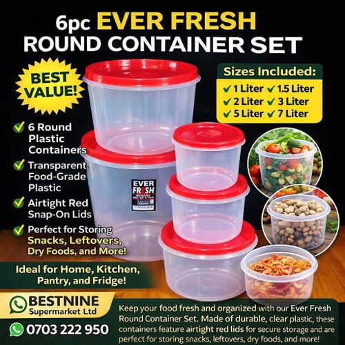 Plastic 6-Pcs Ever Fresh Round Container Set Sizes 13L 10L 8L 5L 3L 2L
