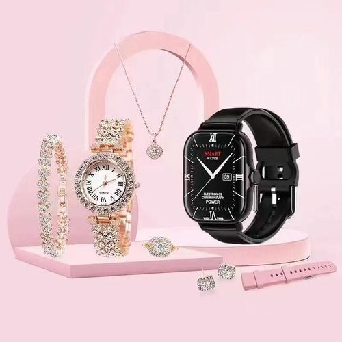A58 Plus Ladies Smartwatch Jewelry Set 8 in 1 with Necklace Earrings Bracelet Ring and Quartz Watch