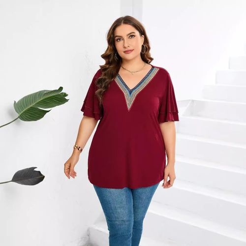 Women Plus-Size Short-Sleeve V-Neck T-Shirt Summer Tops for Women Casual Loose Tees 4XL 5XL