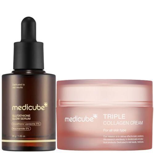 Glutathione Glow Serum Triple Collagen Cream Moisturizes Glows Brightens Removes Dark Spots Hyperpigmentations Freckles Blemish Dullness Blemishes Smooths Clarifies Firms lift crows feet smile lines forehead wrinkles