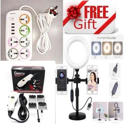 Power King Extension Cable With 6 AC Power Outlets, 13A, And 2 M Long Cable + ringlight tripod stand and electric shaving machine