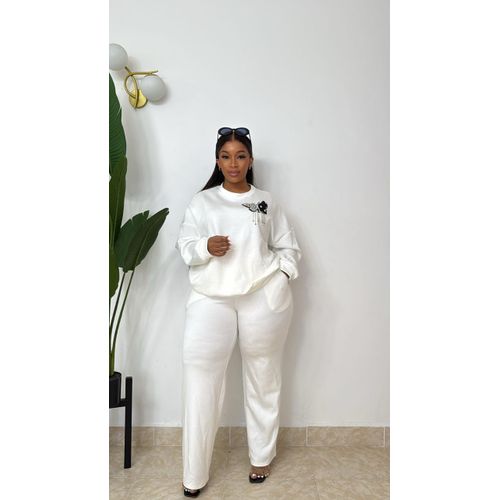 White James Plus Size 2 Piece Curvy Women Sexy Short Sleeve Tops Casual Wide Leg Pants Sweat suits Sets