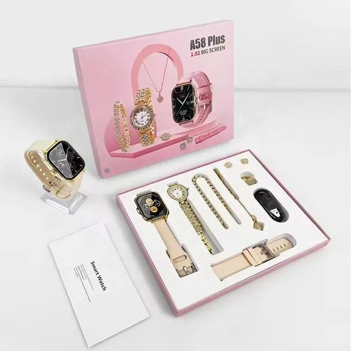 A58 Plus Smart Watch 8 in 1 Gift Set for Women with 2.02 Inch HD Touchscreen Bluetooth Call Alerts IP67 Waterproof Fitness Tracker Quartz Watch Necklace Bracelet Ring Earrings Extra Strap and Wireless Charging