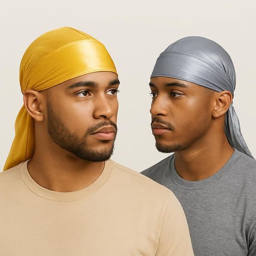 2PCS Silky Durag Pack for Men Waves, Satin Doo Rag for 360 540 720 Waves (yellow + gray)