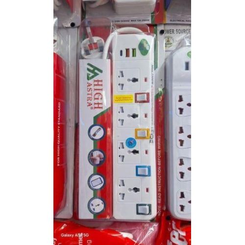 This is a High Astra multi way extension socket with individual power switches and USB charging port
