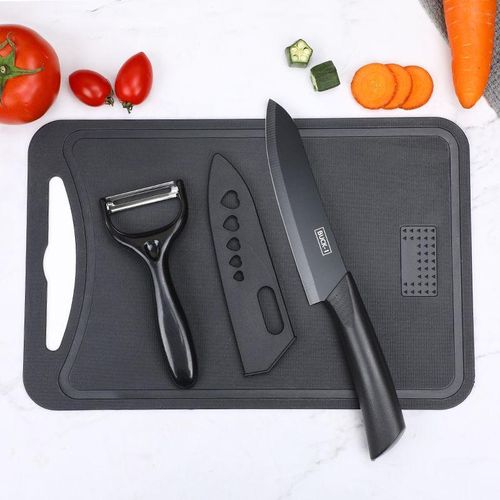 3-Piece Kitchen Knife Set - 1 Black Stainless Steel Knives with Sheaths, Cutting Board, and a Melon scraper- Stainless Steel Kitchen Knives with PP Ergonomic Handle (Black)