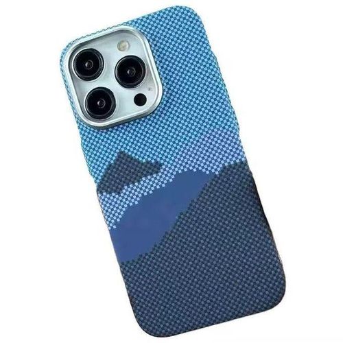 Luxury Tribal Series Carbon Fiber Protective Case for iPhone 14 Pro Max featuring Blue Pixel Mountain Design Design with Slim Lightweight and Shockproof Build, MagSafe Compatible