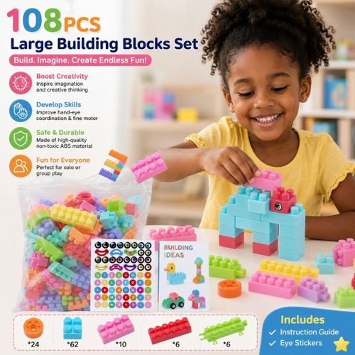 108PCS Large Building Blocks Set for Kids, Colorful Construction Toy with Instruction Guide & Eye Stickers for Creative Play