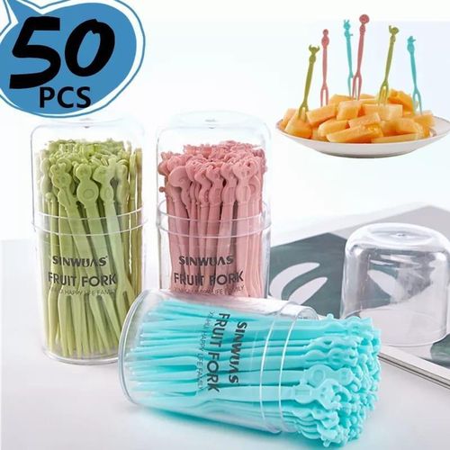 50pc Plastic Reusable Forks Stick pack of 50 Food Picks Cocktail Creative Fruit Fork Set Party Cake Salad Vegetable Forks Baking shop Supplies