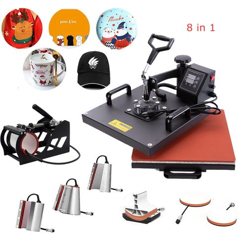 8 in 1 Combo Digital Heat Press Machine Mugs Cup T Shirt Printing Sublimation Multi-Function Shoes Cap Plate