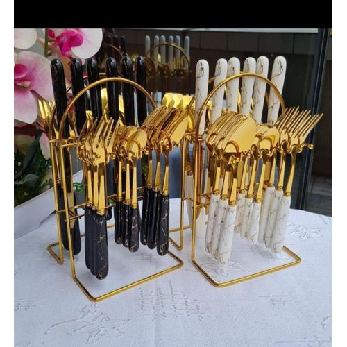 Heavy Marble Gold Cutlery Set 24pcs – Premium Stainless Steel Flatware with Marble Handle, Forks, Spoons, Teaspoons, Butter Knives – Durable Luxury Dining & Kitchen Utensils for Home, Restaurant, Gift