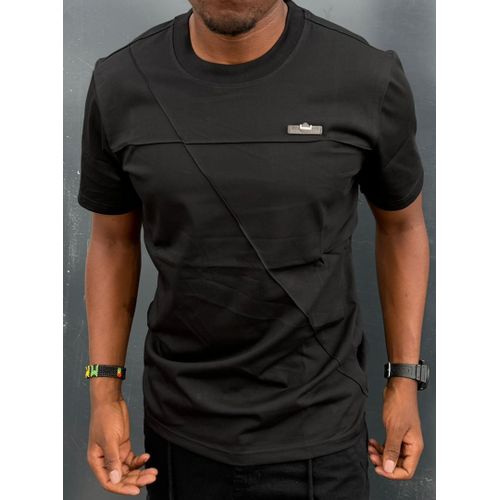 Men's Black T-Shirt with Diagonal Seam Detail and Chest Logo