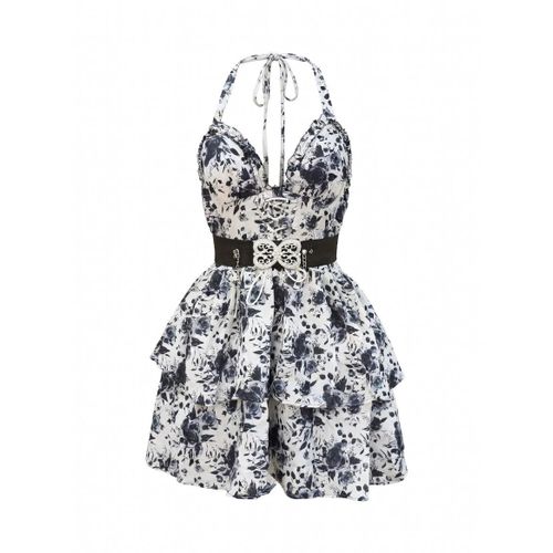 Black and white halter flower sundress(mini dress)
