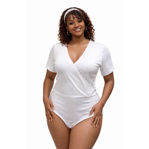 Womens White Elegant Wrap-Style Bodysuit Soft Stretch Fit