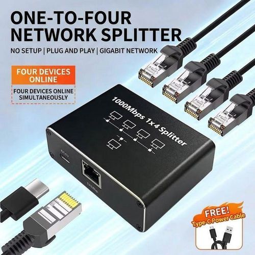 1-to-4 Gigabit Ethernet Network Splitter 1000Mbps RJ45 LAN Splitter Adapter with USB-C Power Cable, Plug & Play for Router, PC, Laptop, Smart TV, CCTV & Gaming Console