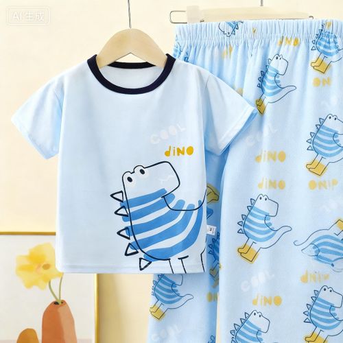Two-piece cotton pajama set for children - cool dinosaur cartoon short-sleeved pajamas, suitable for boys (1-8 years old)