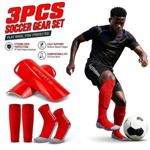 3pcs Anti-Slip Football Sock Guards Kit For Adults Highly Elastic Football Shin Pads with Ankle Protection Soccer Grip Socks,Shin Guard Sleeves for Football (RED)