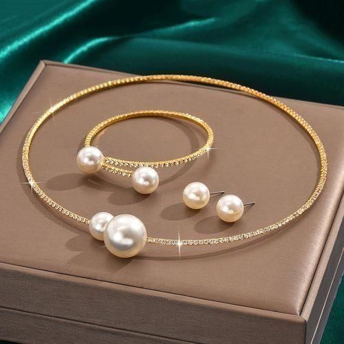 Rhinestone Imitation Pearl Women's Fashion Jewelry Set 3 Pieces-Gold