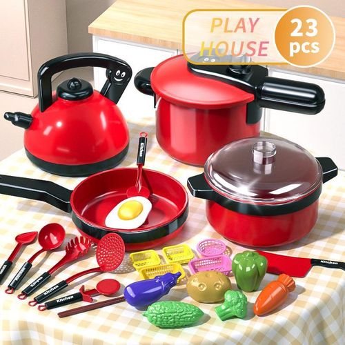 A Pretend Play Kitchen Toy Set Featuring Realistic Cooking Additions for Simulating Cooking Including Various Fruit And Vegetable Toys As Well As Multiple Dining Utensils Designed for Interactive Role-Playing Games
