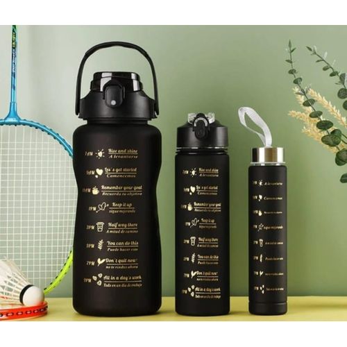 Motivational Water Bottle with Straw Time MarkerSipper ProtinPortable Water Cups for Sports Fitness2000ML 900ML 300MLBlackPack of 3