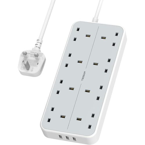 Extension Lead with 3 USB Slots, 8 Way Extension Plug Sockets with 2M Cable, 13A Wall Mounted Multi Plug Extension Cord, Power Strip