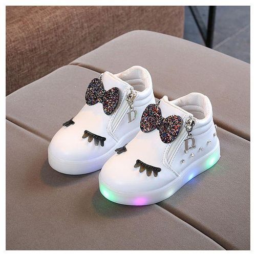 All-match Childrens Shoes With Light Cartoon Bows Soft Soles Girls Shoes White
