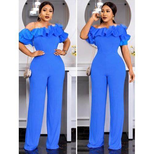 Maweii Sexy Off Shoulder Ruffle Jumpsuit Features: Off-the-shoulder neckline, layered ruffle trim around the bust/sleeves, fitted waist, and long wide-leg pants.