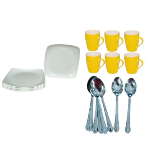 Melamine Square Dinner Plates – 6PCS Set with FREE Coffee/Tea Cup Mugs & 12PCS Table Spoons
