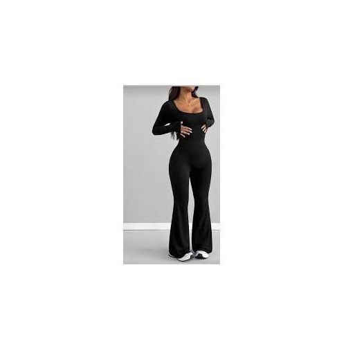 Good Stretch Ribbed Bodycon Quality LONG SLEEVE BLACK Jumpsuit Wide Leg Flare Bottom Pants Women Casual Basics Essentials One Piece (Fits Sizes 8-12)