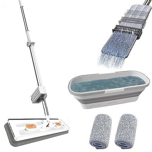 Large Flat Mop and Scalable Bucket with Wheels, 360 Rotating Microfiber Dust Mop with Dewatering Scraper, 54 Adjustable Stainless Steel (1 Mop + 4 Microfiber Pads + 1 Bucket)