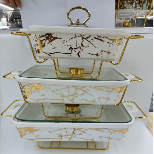 3-Piece White & Gold Ceramic Chaffing Dish Food Warmer Set with Glass Lids