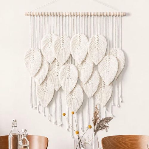 60x80cm Macrame Leaf Wall Hanging – Natural Cream & Light Wood Boho Wall Decor