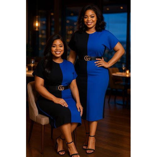 Womens Luxe Color-Block Split Dress with Signature GG Belt Plus Size XL5XL Black Blue