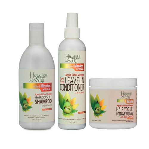 Apple Cider Vinegar 3-Step Repair & Restore Hair Care Set. All White Bottles and Jar with an off- White Wraparound