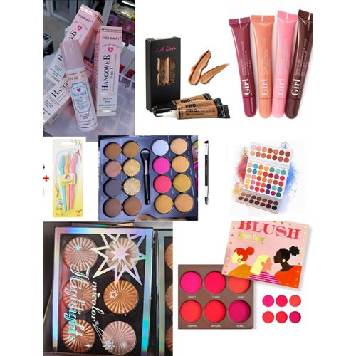 Full makeup kit set -micolor contour palette, blush palette, Highligter palette, brush, Eyeshadow palette, Eyebrow trimmer, 4pcs Lip gloss, setting spray, concealer + FREE gift BAG