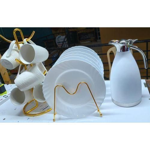 13 pcs Ceramic dinner set 6 plates 6 cups, 2 Liter Unbreakable Flask - White