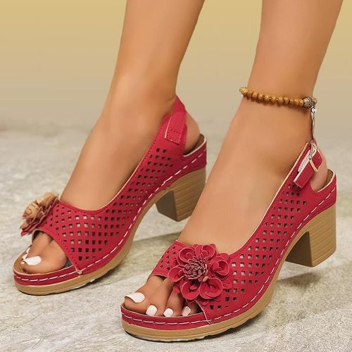 High Heels Women Party Artificial Leather Breathable Block Heel Floral Summer Fashion Shoes - Red